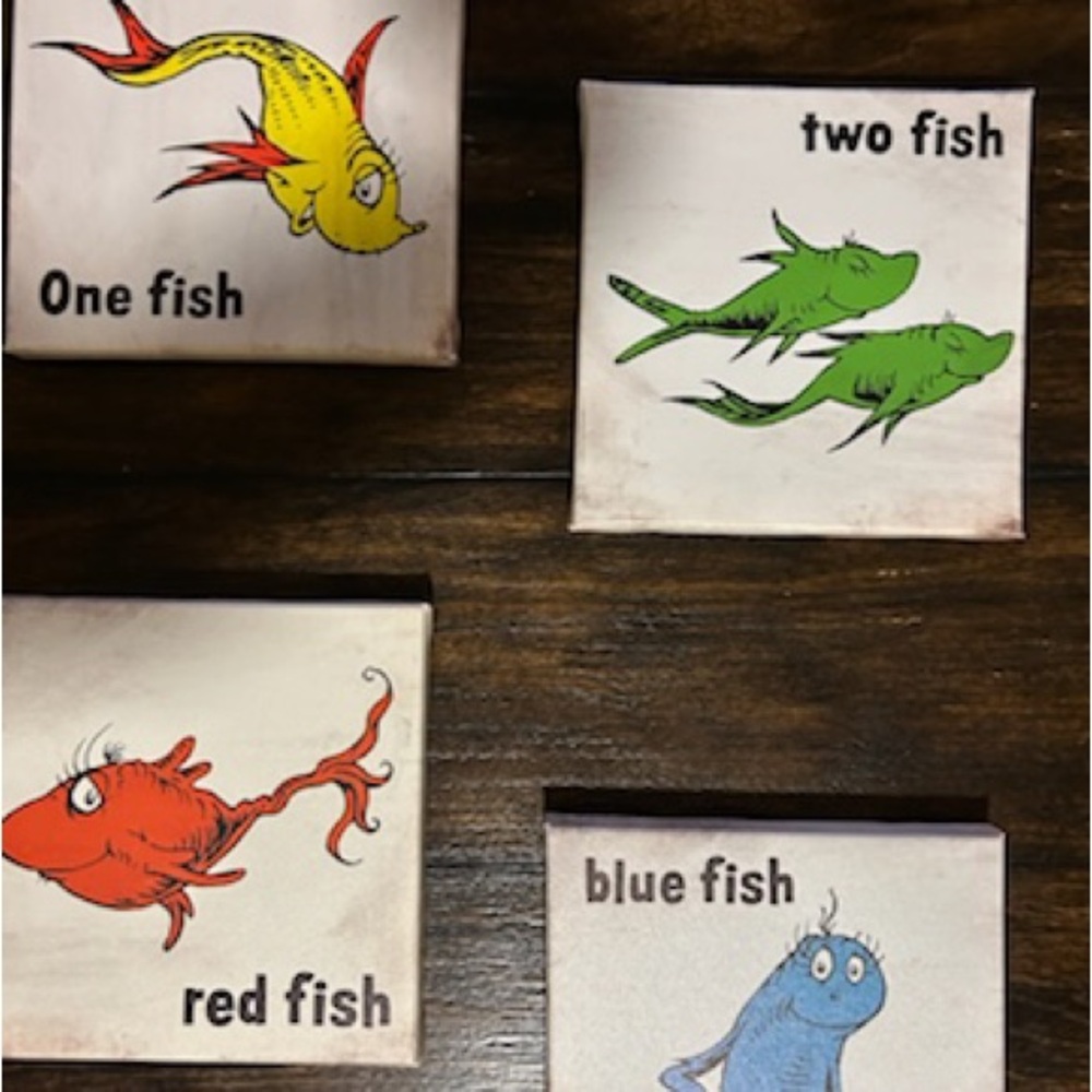 1960 Dr Seuss one fish two fish... vintage wall art 8” by 8”